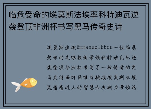 临危受命的埃莫斯法埃率科特迪瓦逆袭登顶非洲杯书写黑马传奇史诗