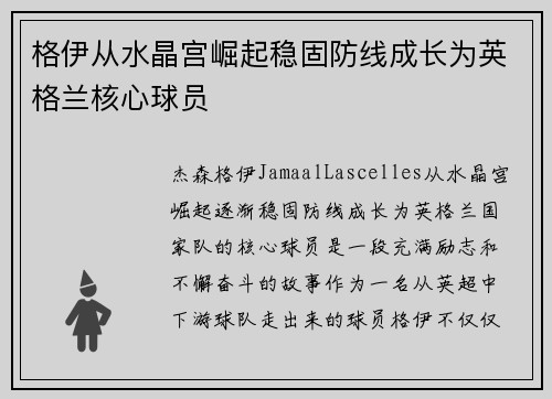 格伊从水晶宫崛起稳固防线成长为英格兰核心球员