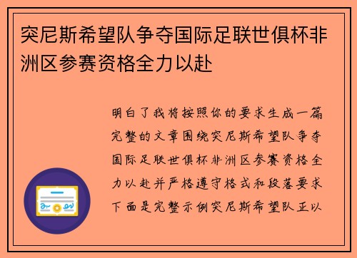 突尼斯希望队争夺国际足联世俱杯非洲区参赛资格全力以赴